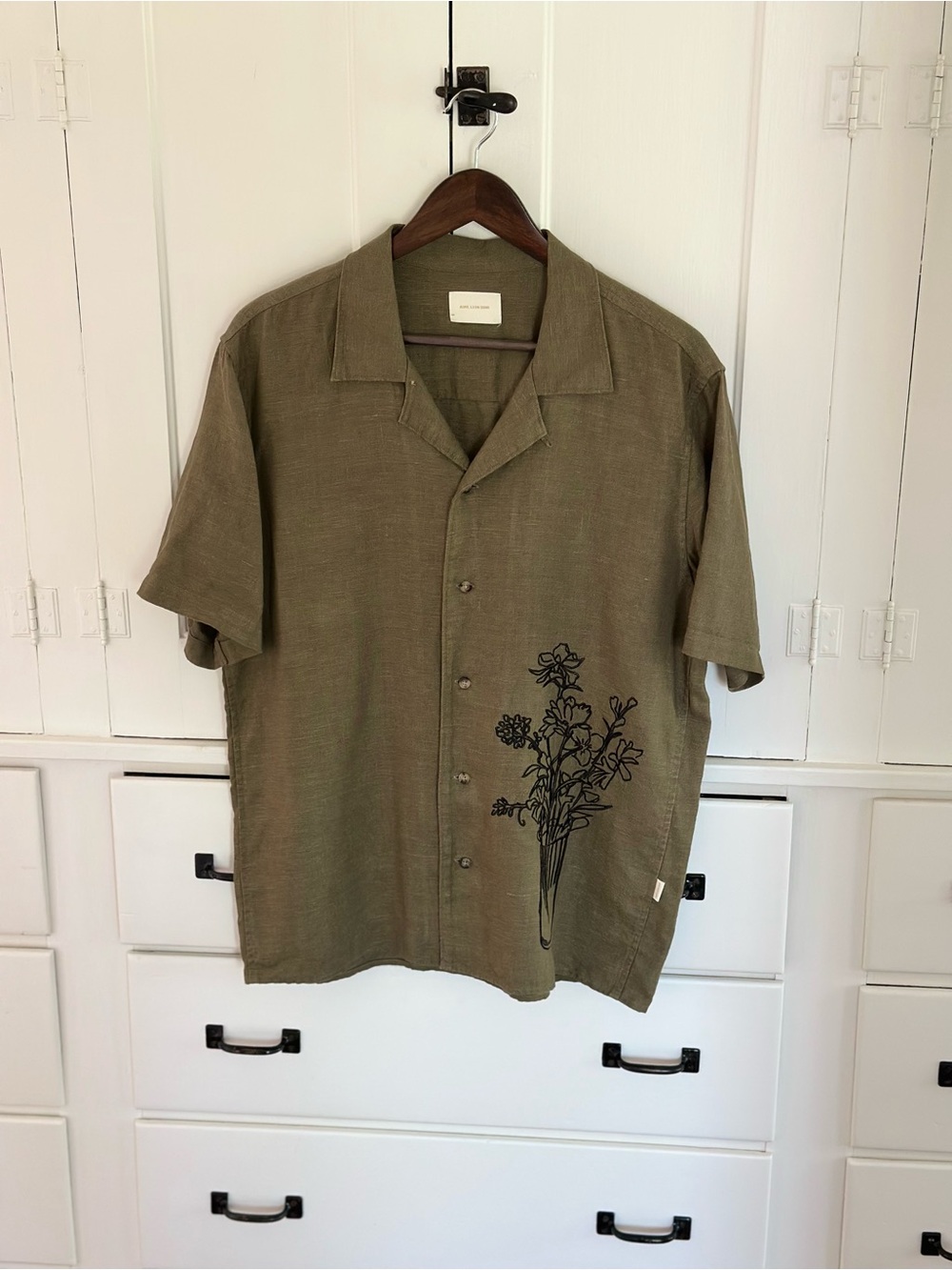 Aime Leon Dore Olive Green Short-Sleeve camp Collar with Black Bouquet Embro